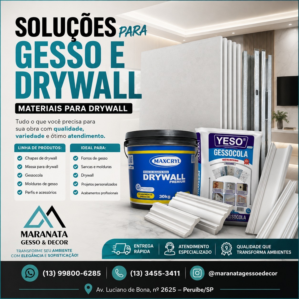 Materiais para gesso e drywall disponíveis para consulta na Maranata